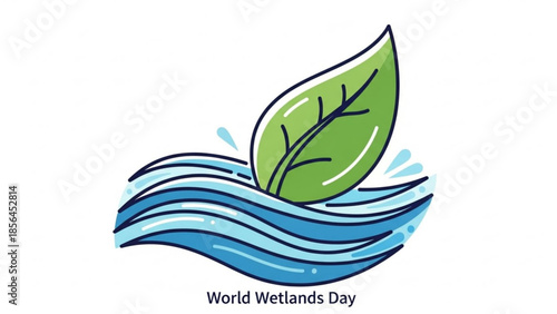 World wetlands day green leaf on wavy blue water eco friendly symbol for conservation and environmental protection awareness