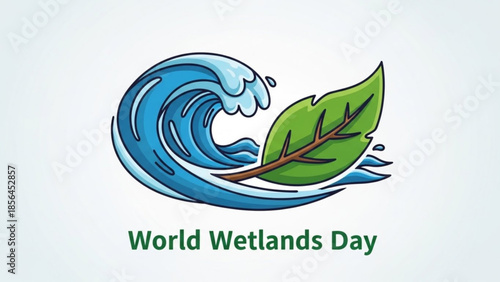 World wetlands day illustration with wave and leaf symbolizing conservation and ecology