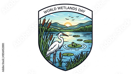 World wetlands day logo with white heron, lily pads, and cattails in serene landscape with mountains at sunset