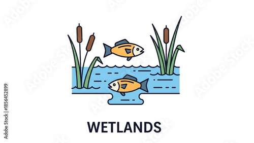Wetlands ecosystem with fish swimming in blue water and cattails growing
