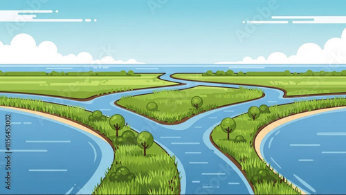 A serene landscape with a winding river and lush green grassy banks under a blue sky with white clouds