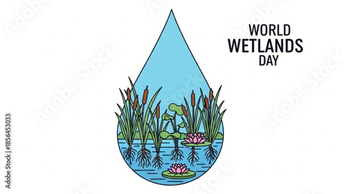 World wetlands day, water droplet with aquatic plants and flowers, wetland ecosystem, conservation, environment, ecology, nature, sustainability, biodiversity, water