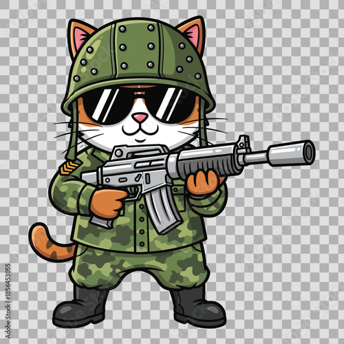 A funny cartoon vector illustration of a military army soldier character in camouflage holding a weapon gun for a war or Halloween themed art piece