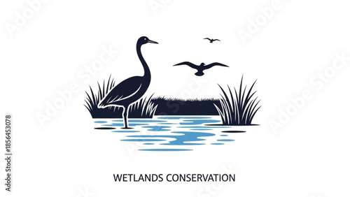 Wetlands conservation concept with heron standing in water, flying birds and grassy shoreline ecosystem