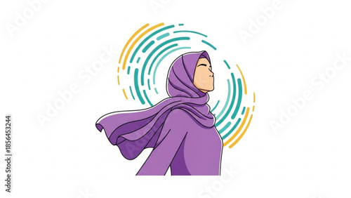 A woman wearing a purple hijab with colorful circular lines in the background, symbolizing freedom and empowerment, for concepts of equality and diversity