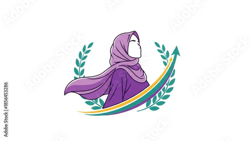 A smiling woman wearing a purple hijab with green leaves and colorful curved lines on white background