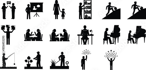 People lifestyle and activity silhouettes icon set, work, education, family, music, hobbies, achievement scenes isolated on white background