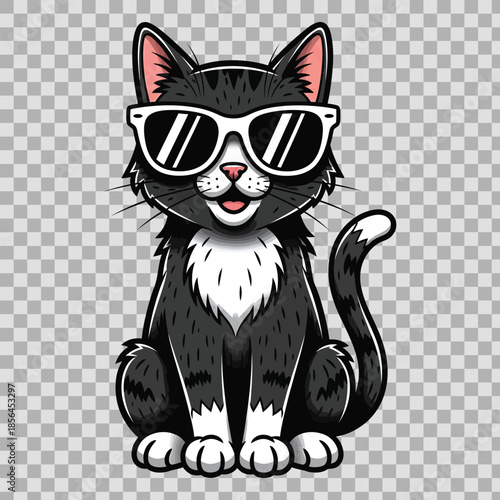 Cute black and white cartoon cat vector illustration featuring a funny domestic kitten character as a charming pet animal sketch for feline art and valentine design