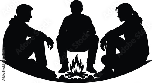 People silhouettes sitting around campfire, outdoor friendship moment, night camping scene, storytelling warmth, social connection, adventure lifestyle illustration, concept, art