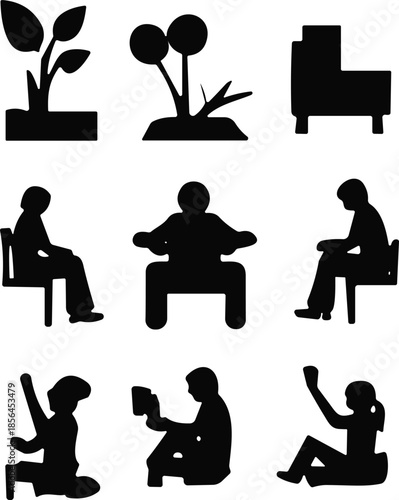 People sitting silhouette icons, chair furniture, plant symbols, relaxation activities, reading and resting poses, black vector illustration set