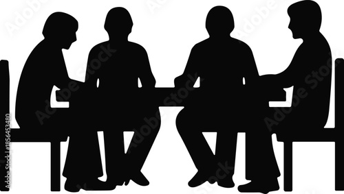 People sitting around table silhouette, group discussion meeting, teamwork conversation, business communication concept, black vector illustration isolated