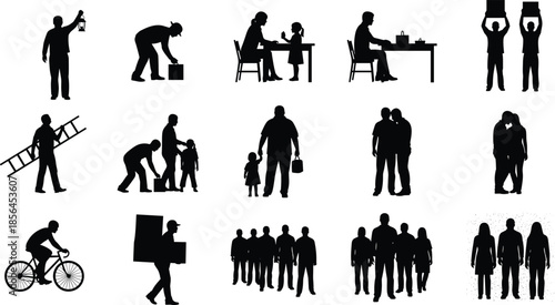 People, silhouettes, daily, activities, lifestyle, family, work, relationships, walking, carrying, sitting, social, interaction, routine, illustration, isolated, white, background, community, set
