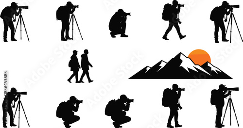 Photographer silhouette collection, professional camera tripod poses, outdoor travel photography, adventure lifestyle, nature landscape sunset illustration set