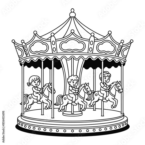 Children riding carousel horses coloring page for kids fun fair amusement park art