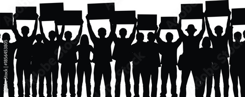 Protest crowd silhouette holding banners, public demonstration, social movement concept, activism and freedom expression, people power illustration