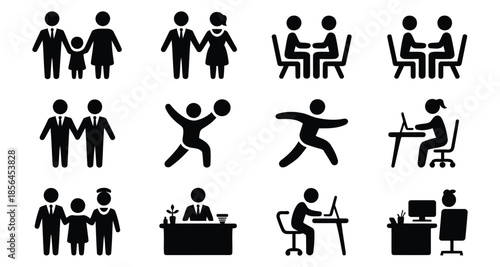 People life activities and family relations silhouette icons set on white back