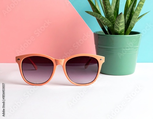Sunglasses next to plant against a color-block backdrop