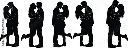 Romantic couple silhouette set, loving man and woman hugging kissing poses, relationship romance illustration isolated