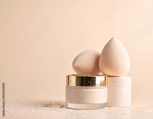 Pink cosmetic products with teardrop applicators against a peach backdrop