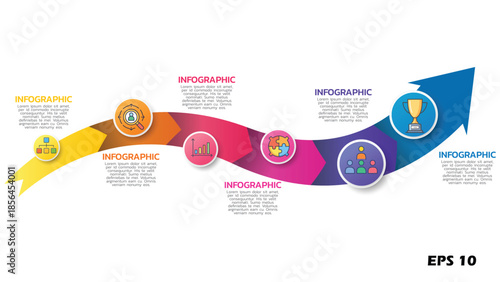 6 Step Business Roadmap Infographic Template. Wavy Upward Arrow with Colorful Segments and Icons for Success, Growth, and Strategy. Professional Vector Illustration for Project Milestones