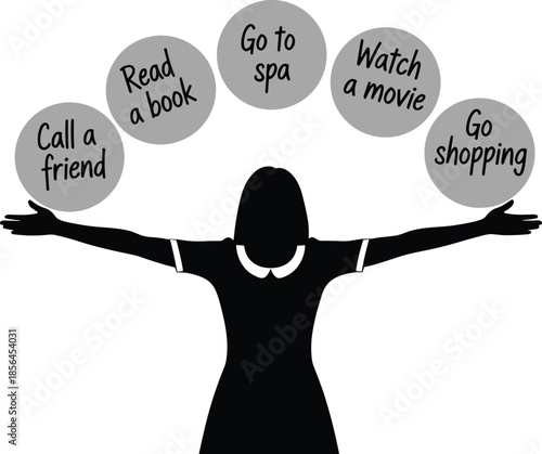 Self care activities concept illustration, woman choosing relaxation options, mental wellness lifestyle balance, stress relief and personal wellbeing design