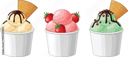 Set of delicious ice cream cups with chocolate drizzle, fresh strawberries and mint flavor, colorful dessert illustration perfect for food design projects
