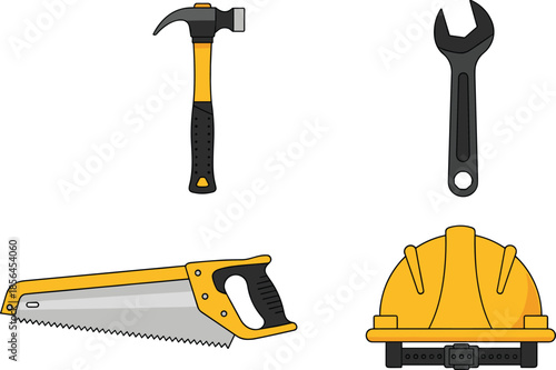 Set of construction tools including hammer, wrench, hand saw and safety hard hat, detailed vector illustration for building, repair and industrial projects