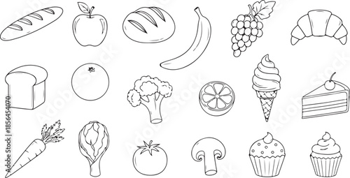 Hand-Drawn Food Icons: Wholesome Bakery, Fruit & Dessert Illustrations