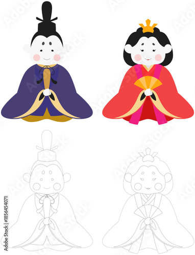 ひな祭りの男女一対の日本人形イラストと塗り絵用アウトライン