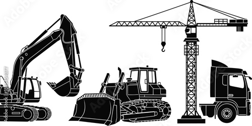 Set of heavy construction machinery silhouettes including excavator, bulldozer, tower crane and truck, industrial equipment illustration for building projects