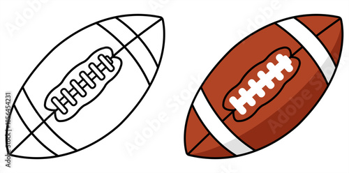 American Football: A classic illustration showcases a traditional american football, presented in both outline and color variations, perfect for design and sports themed concepts.