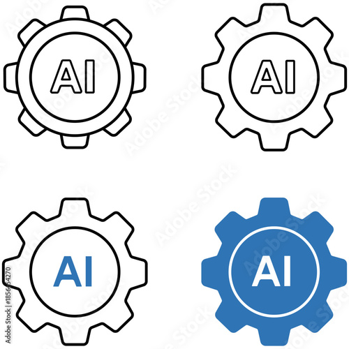 AI Gear Icon Set: A collection of gear icons showcasing the acronym AI, symbolizing artificial intelligence and technological innovation. These icons offer a clean.