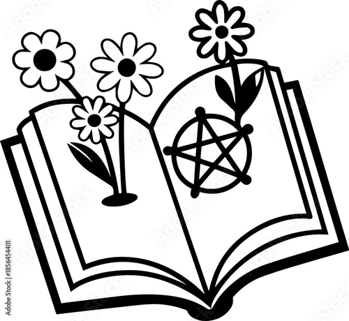 SVG vector illustration of a magic book surrounded by wildflowers.Mystical Book with Pentagram and Floral Design