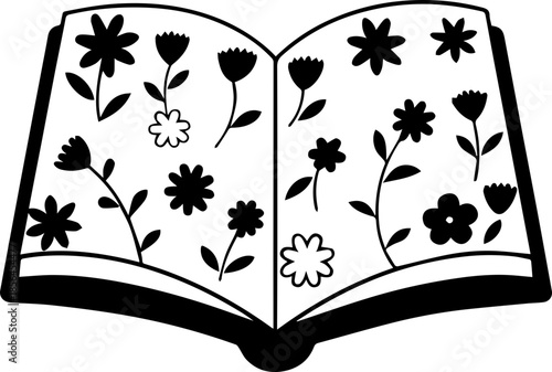 SVG vector illustration of a magic book surrounded by wildflowers.Illustrated Book Cover with Flowers and Symbol