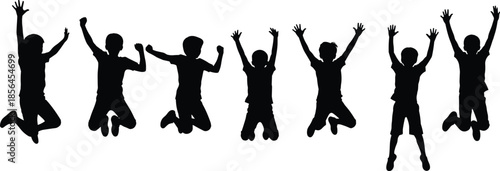 Set of happy children silhouettes jumping in the air with hands raised for joy celebration success and active childhood fun