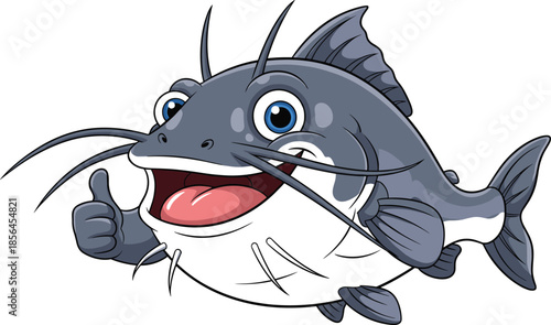 PrintCartoon catfish character with cheerful expression and thumbs-up gesture, wearing big smile, vector illustration for seafood, humor, mascot, and educational themes