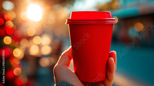 A red paper cup of coffee in his hand. A concept for a Valentine's Day coffee shop.