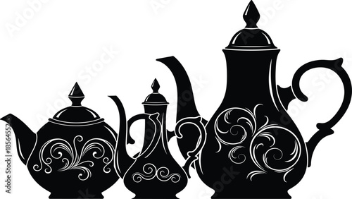 Elegant vintage teapot silhouettes with decorative floral patterns, classic black and white tea set illustration for kitchen, cafe, and traditional design themes