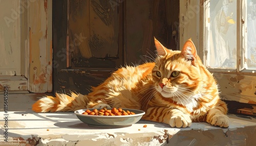 A serene domestic scene: a ginger cat enjoys sunlight near its food bowl