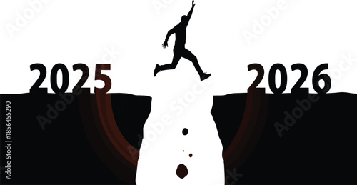 Man jumping from 2025 to 2026 cliff symbolizing new year transition, business growth, risk taking, motivation, and future success concept