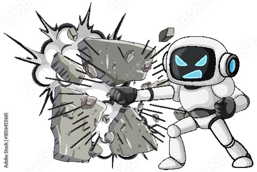 Cartoon Robot Punching Through Concrete Wall with Force