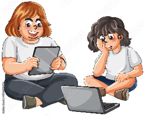 Cartoon Illustration of Two Children Using Tablet and Laptop Computer