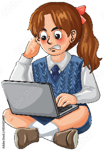 Stressed Schoolgirl Sitting Cross-Legged Using Laptop Computer