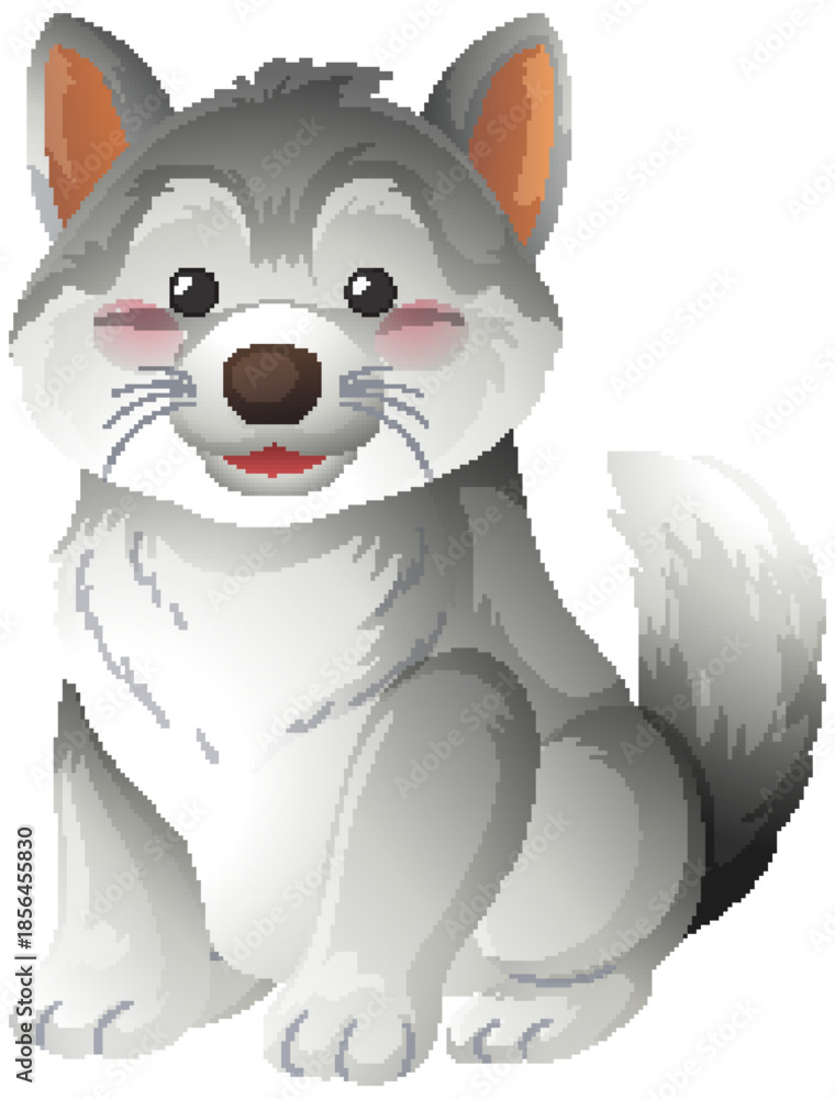 Obraz premium Cute Cartoon Gray Wolf Pup Sitting and Smiling