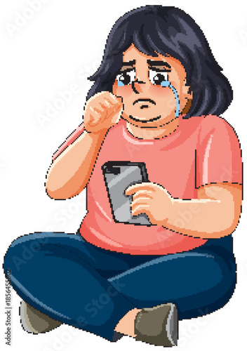 Sad Overweight Woman Crying While Looking at Her Smartphone Screen