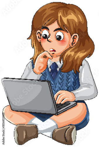Curious Schoolgirl Sitting Cross-Legged Using Laptop Computer