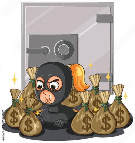 Cartoon Burglar With Money Bags in Front of Vault