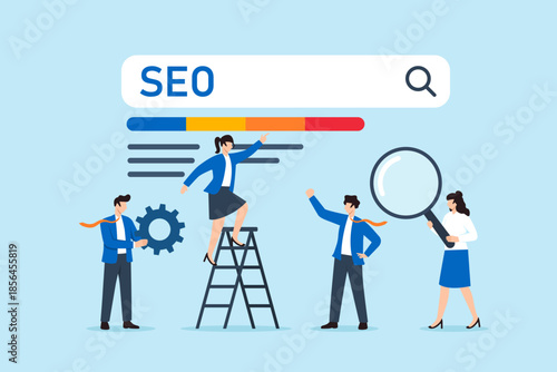 Flat illustration of business people optimizing online results under SEO bar symbolizing search engine ranking improvement and digital marketing strategy
