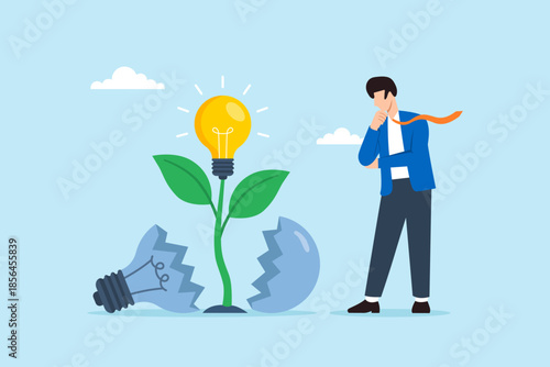 Flat illustration of businessman observing new lightbulb idea plant growing from broken bulb symbolizing innovation rebirth creativity breakthrough and business opportunity