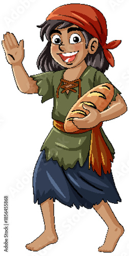 Smiling Young Street Urchin Holding Fresh Bread Loaf